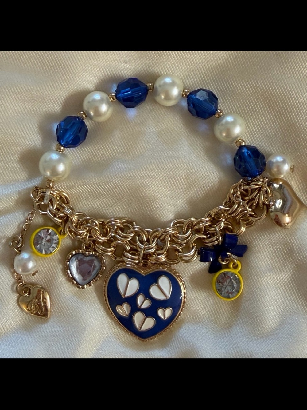 Gold-Tone Heart Charm Bracelet with Blue and Pearl Beads Rhinestones